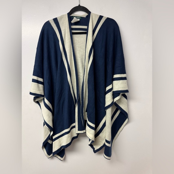 Lauren Ralph Lauren Blue Cream Striped Knit Poncho Wrap One Size Nautical Preppy - Picture 2 of 5
